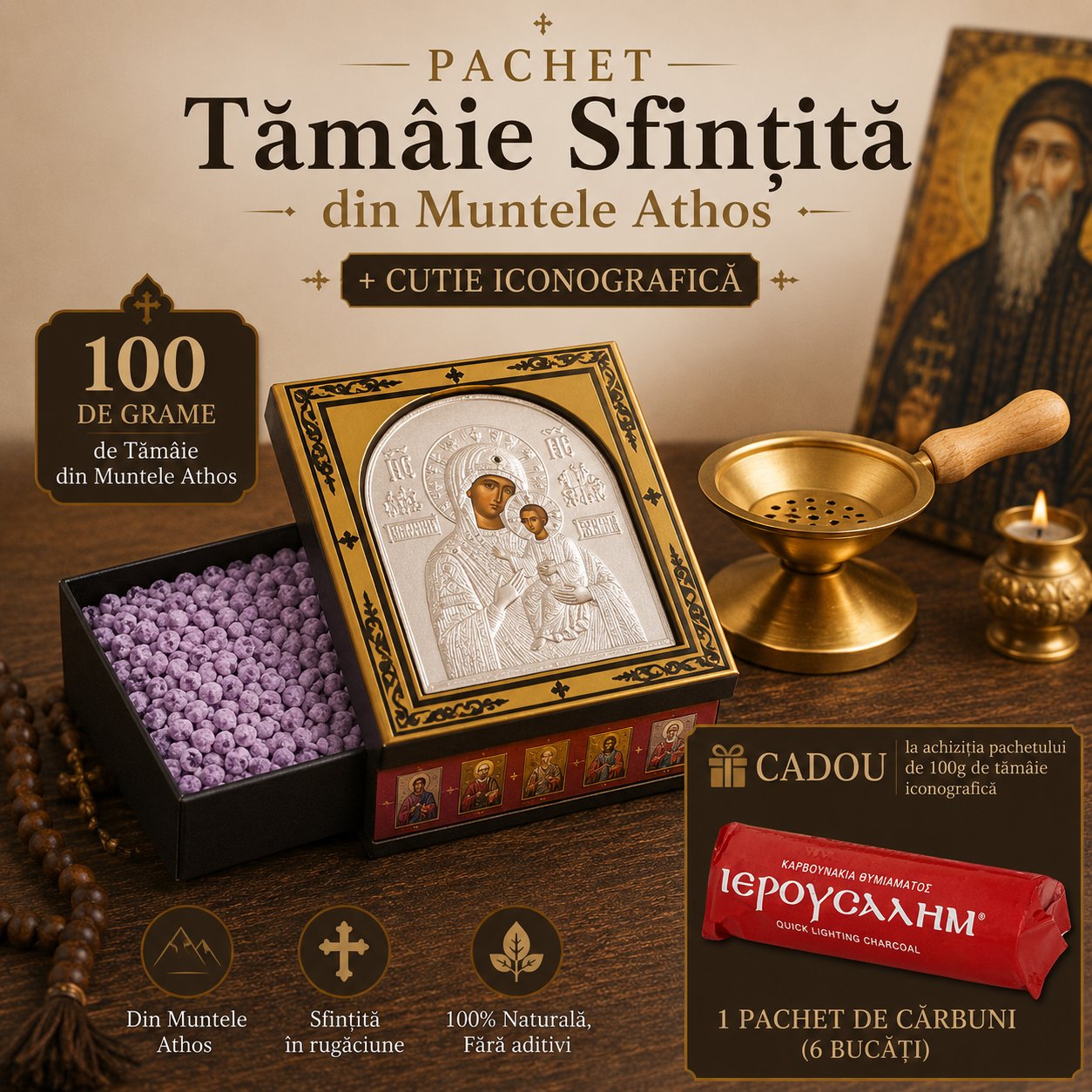 PACHET CUTIE ICONOGRAFICĂ + TĂMÂIE + CĂTUI + CĂRBUNE