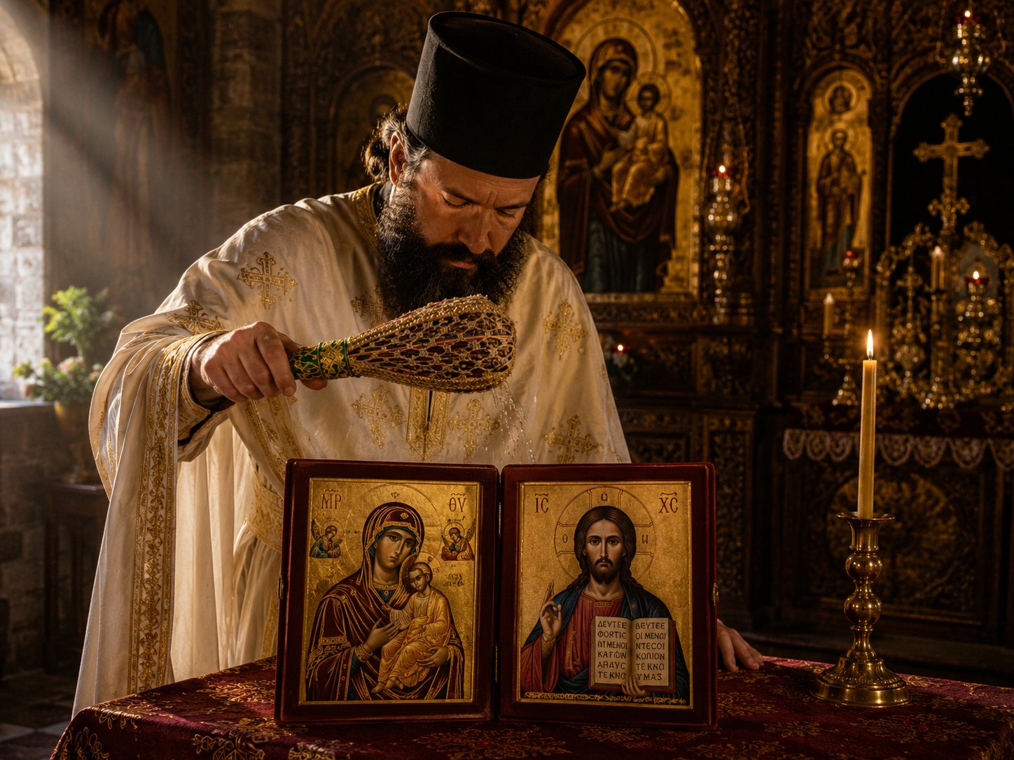 Icoana Bizantina Dublă Catifea Verde Adusă din Sfântul Munte Athos Mănăstirea VATOPED