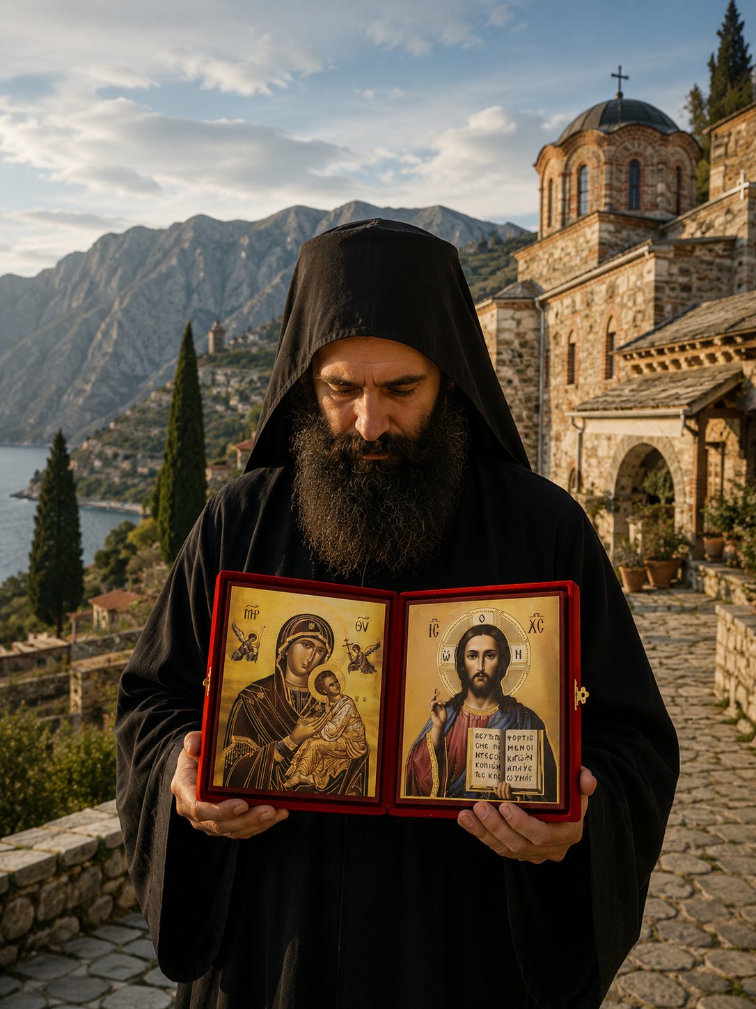 Icoana Bizantina Dublă Catifea Verde Adusă din Sfântul Munte Athos Mănăstirea VATOPED