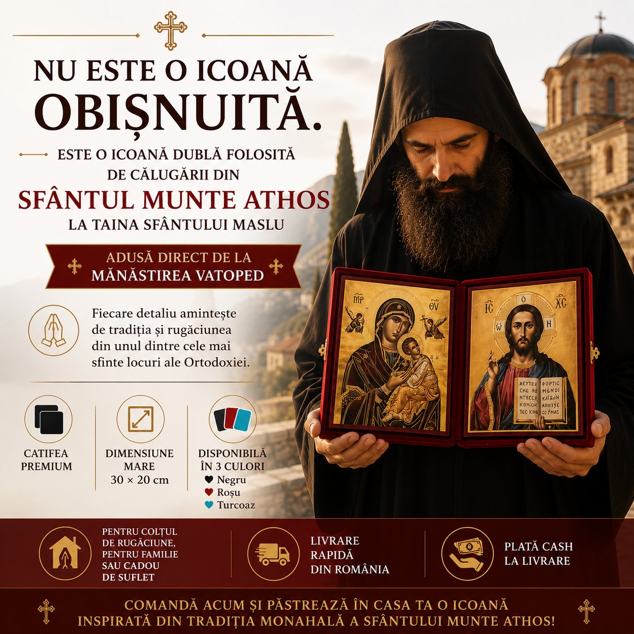 Icoana Bizantina Dublă Catifea Verde Adusă din Sfântul Munte Athos Mănăstirea VATOPED