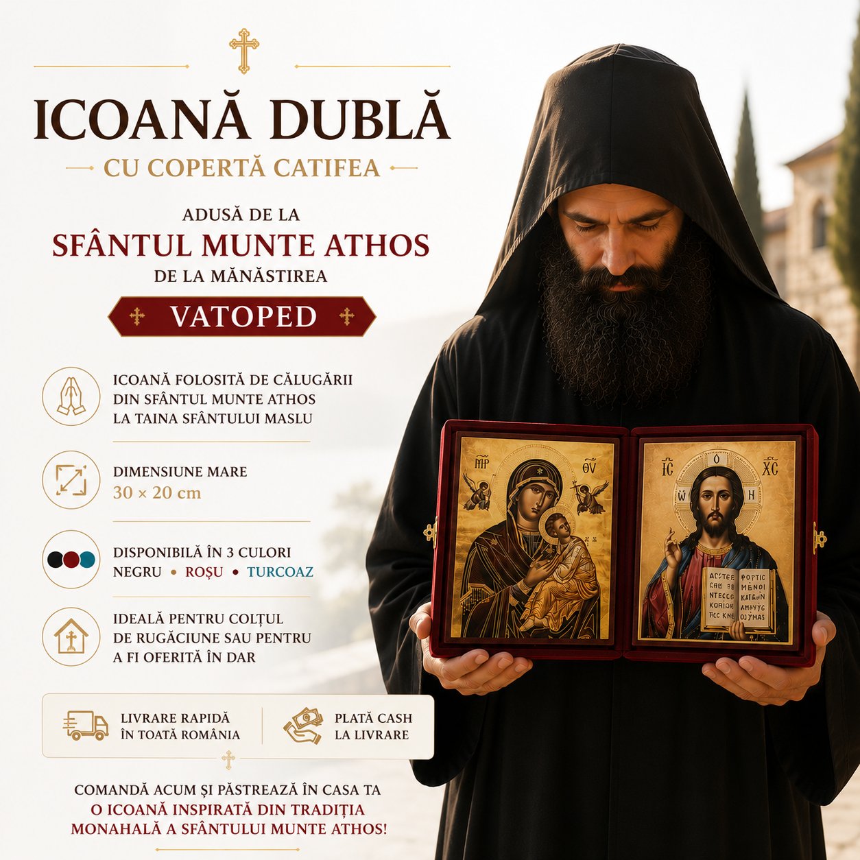 Icoana Bizantina Dublă Catifea Verde Adusă din Sfântul Munte Athos Mănăstirea VATOPED